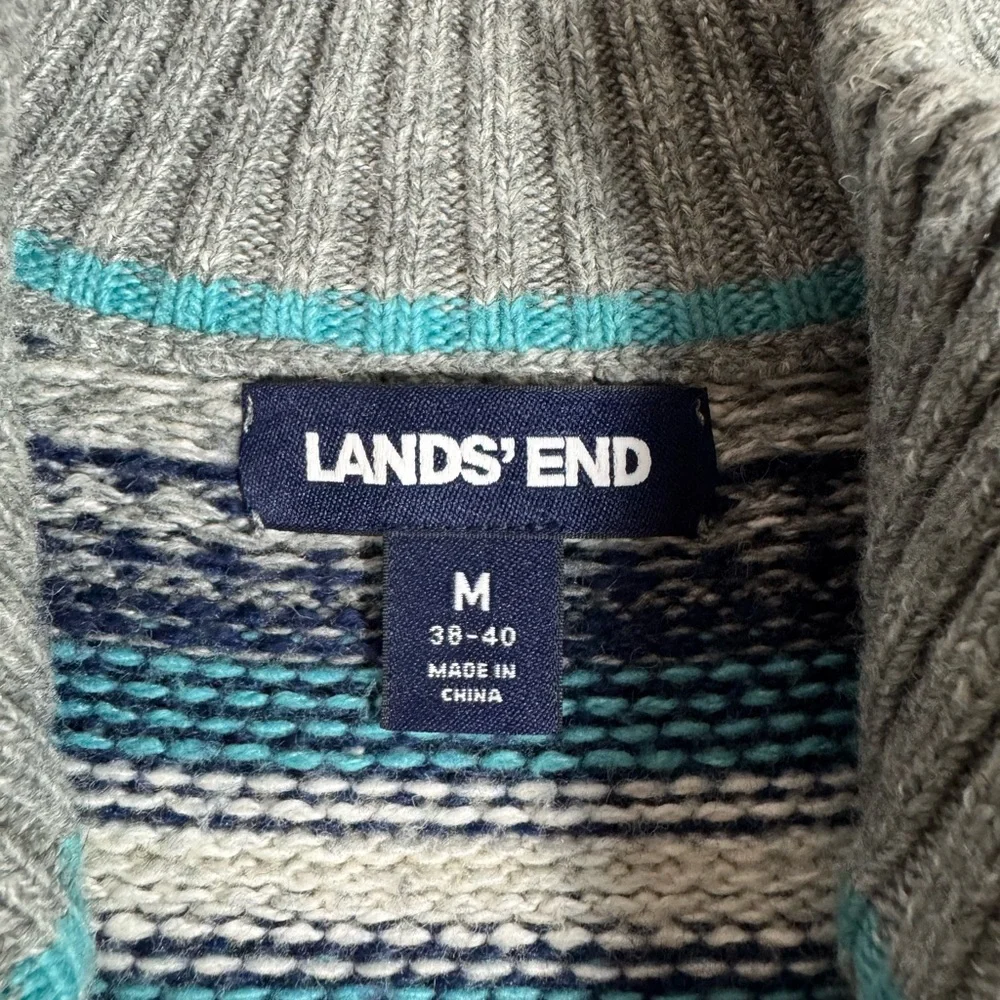Lands End Men’s Fair Isle Quarter Zip Gray, blue, cotton wool blend Size M 38-40